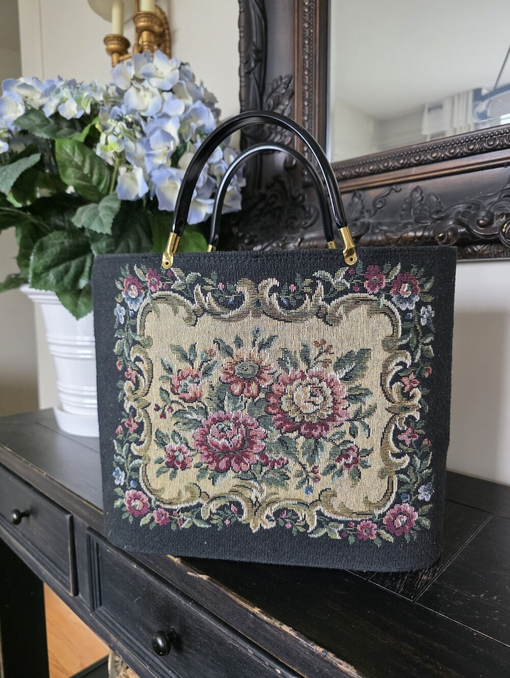 Vtg Floral Needlepoint Tapestry Top Handle Tote Bag Structured Victorian 14x10x4